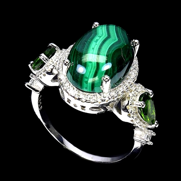 Natural Malachite 14x10mm & Chrome Diopside 925 Sterling Silver Ring Sz 9 - Picture 3 of 3